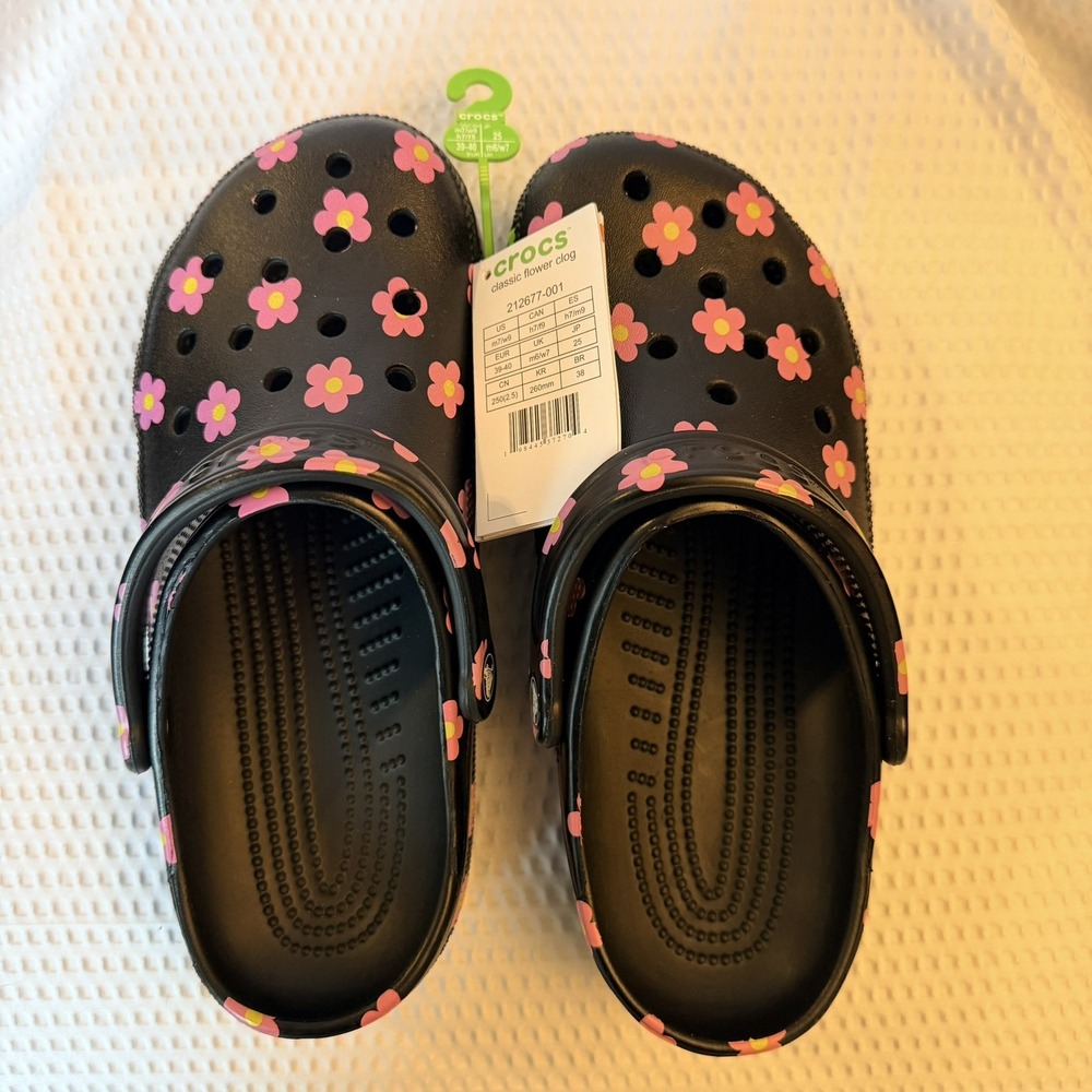 Crocs Classic Flower Clog Black Floral Slip On Round Toe 212677-001 Size 7M/9W